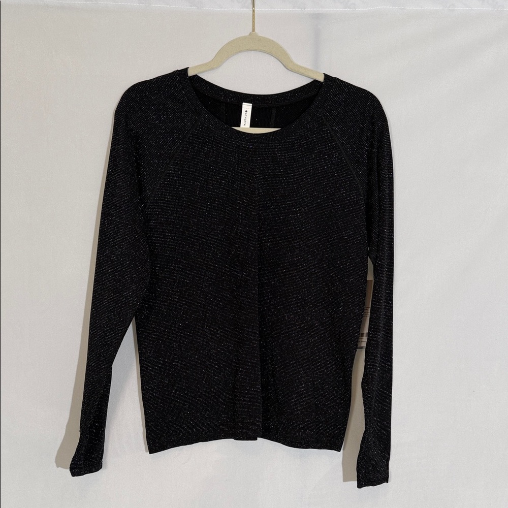 NWT Athleta Momentum Seamless Long Sleeve Top L Black And Silver Metallic